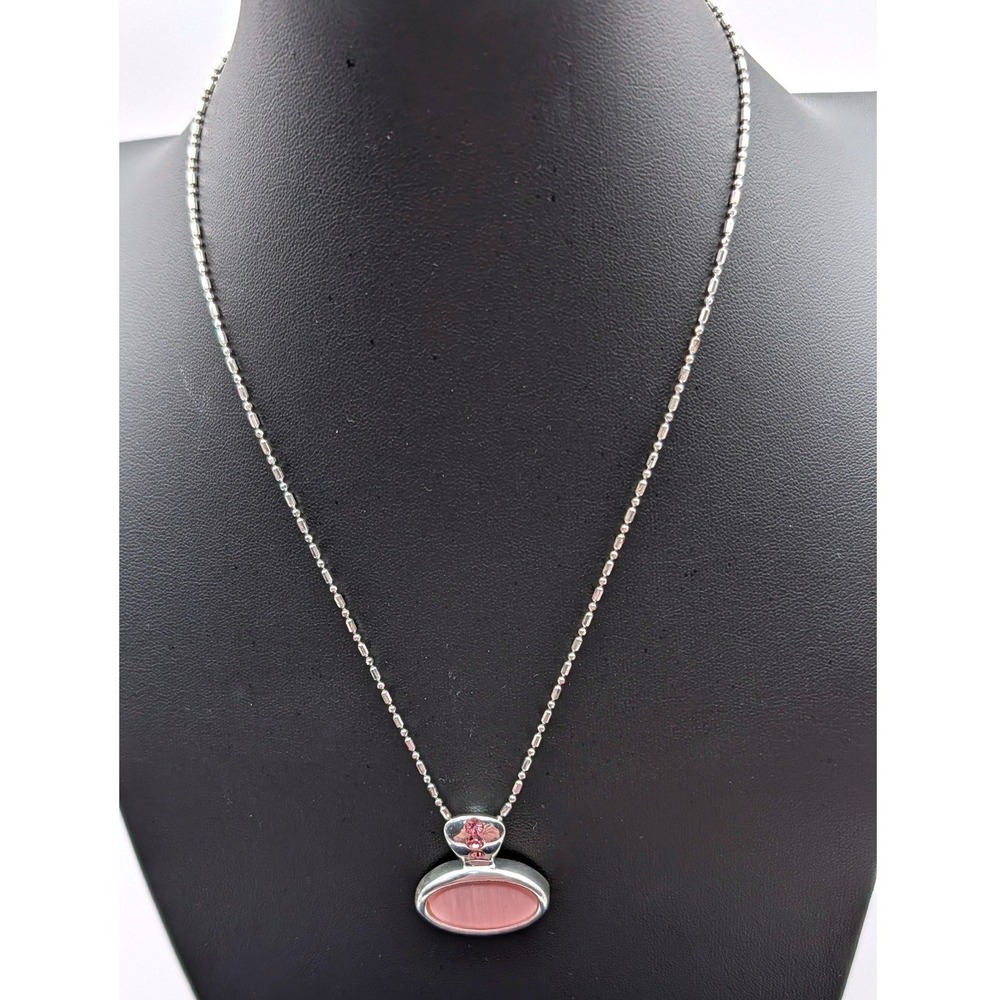 Silver Tone Pink Cats Eye Oval Pendant Necklace Rhinestone Accents Ball Chain